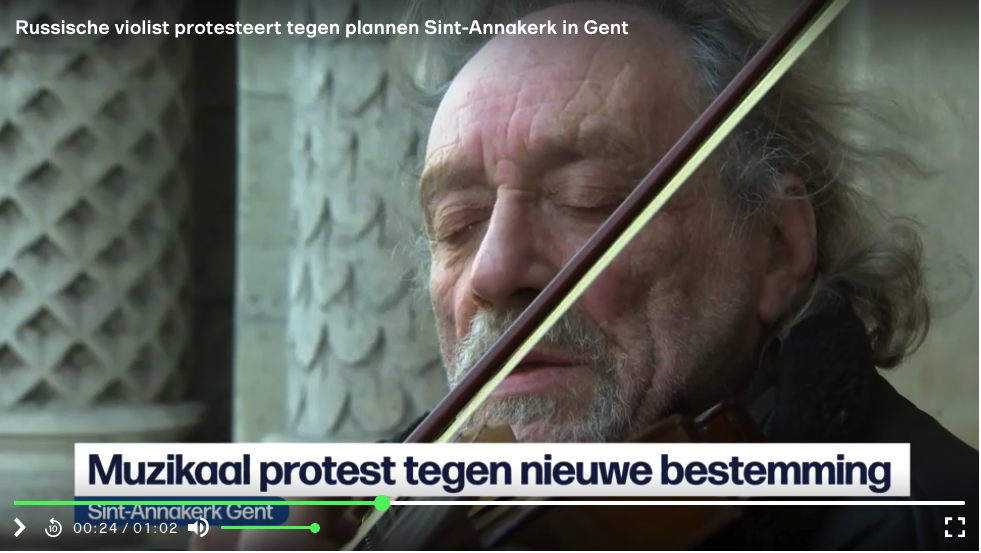 Screenshot. Gent. vrt.be Russische violonist protesteert tegen plannen Sint-Annakerk in Gent. 2019-01-07